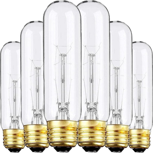 6 Pack T10 Tubular Light Bulbs, 25W Bulb, Clear Incandescent, E26 Medium Base, Warm White, Dimmable Vintage Tubular Style Showcase Bulb