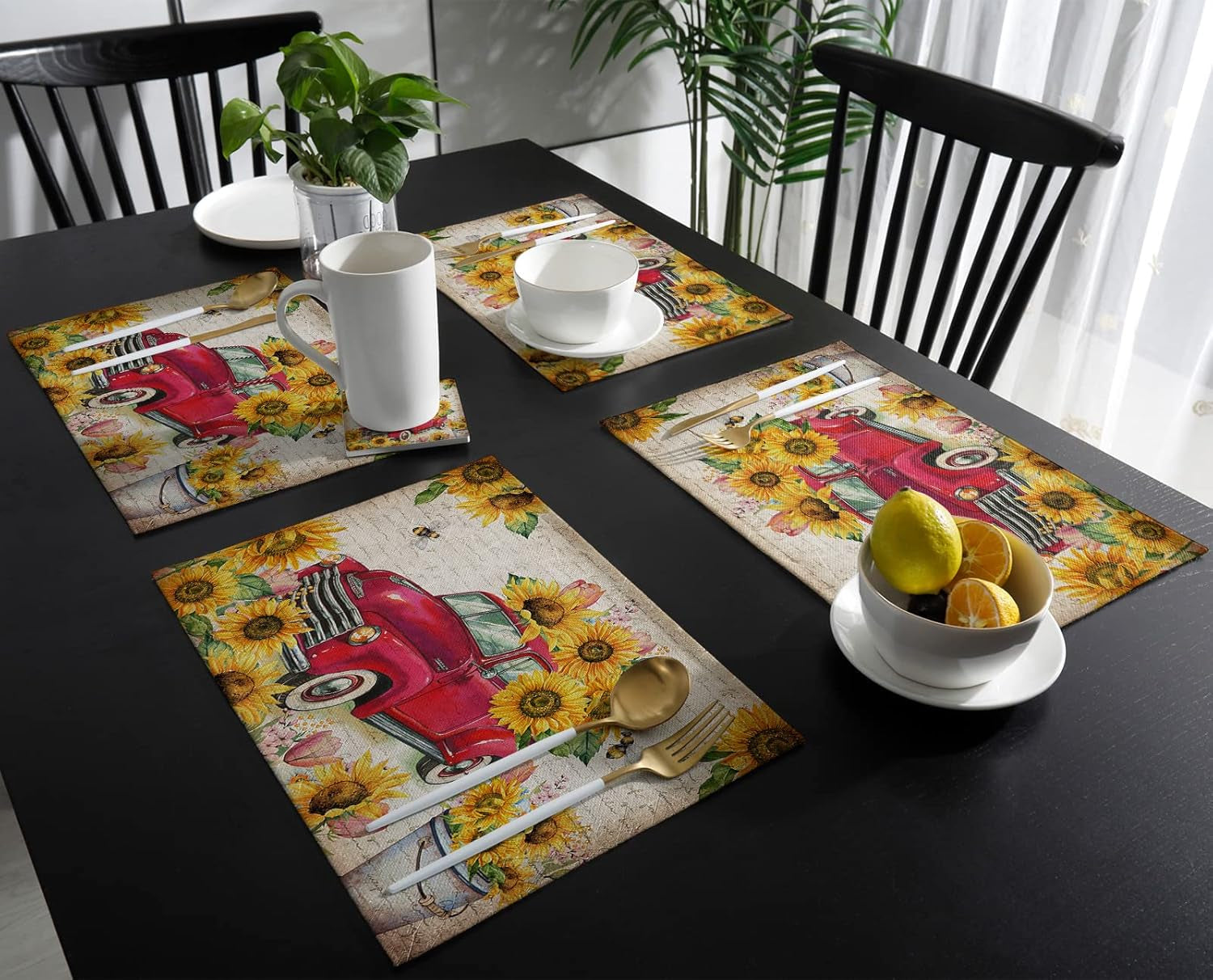 Sunflower Placemats, Red Truck Placemats for Dining Table, Farmhouse Decor Floral Placemats Set of 6, Heat-Resistant Washable Place Mats, Kitchen Table Mats for Party Sunflower Kitchen Decor Placemats