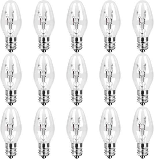 15-Pack Salt Lamp Bulbs, 15 Watt Light Bulb for Himalayan Salt Lamp Baskets, 120V C7 Small Night Light Bulbs, 2200K Warm White, Dimmable