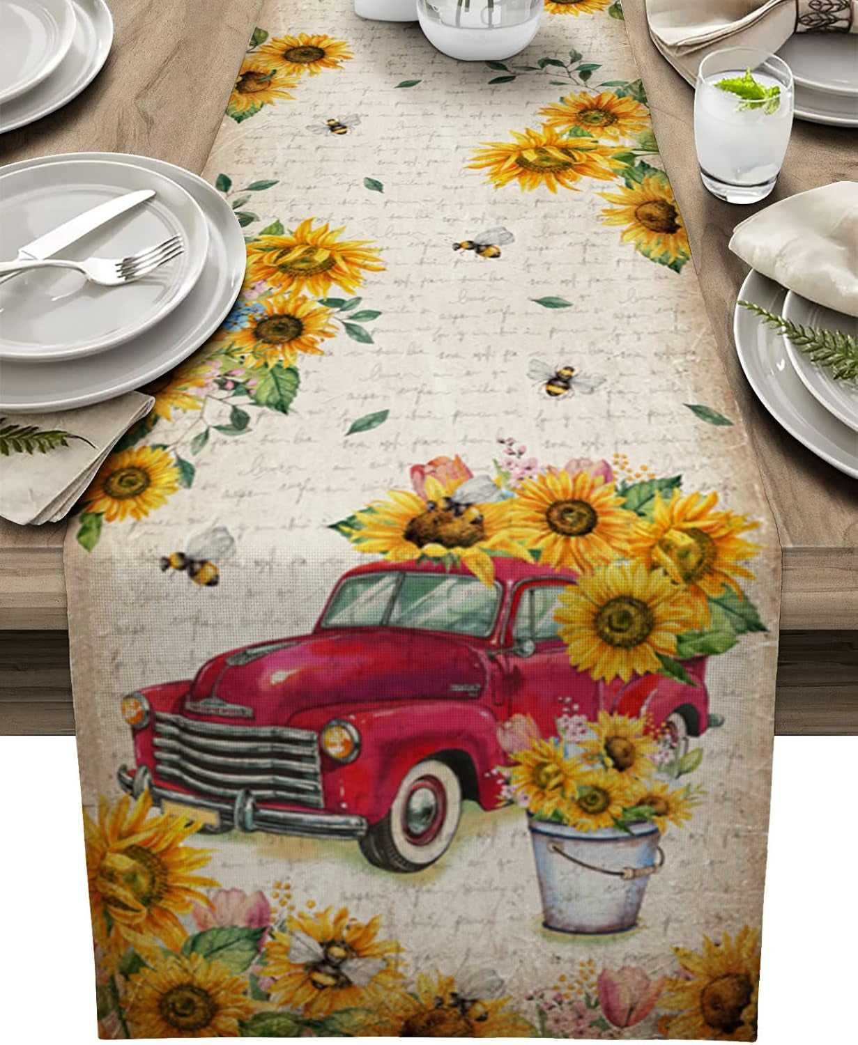 Sunflower Placemats, Red Truck Placemats for Dining Table, Farmhouse Decor Floral Placemats Set of 6, Heat-Resistant Washable Place Mats, Kitchen Table Mats for Party Sunflower Kitchen Decor Placemats