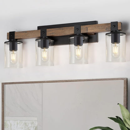 DUJAHMLAND Farmhouse Vanity Light Fixture,3-Light Bathroom Wood Wall Light over Mirror with Clear Glass Shade, Rustic Vintage Wall Sconce Lighting.(Antique Wood, 3-Light)