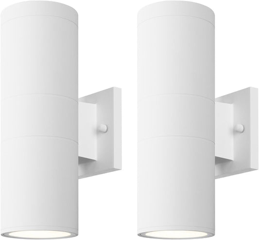 Mirrea Modern Outdoor Porch Light Patio Light in 2 Lights with Aluminum Cylinder and Tempered Glass Cover Waterproof Wall Sconce 2 Pack (Matte White)