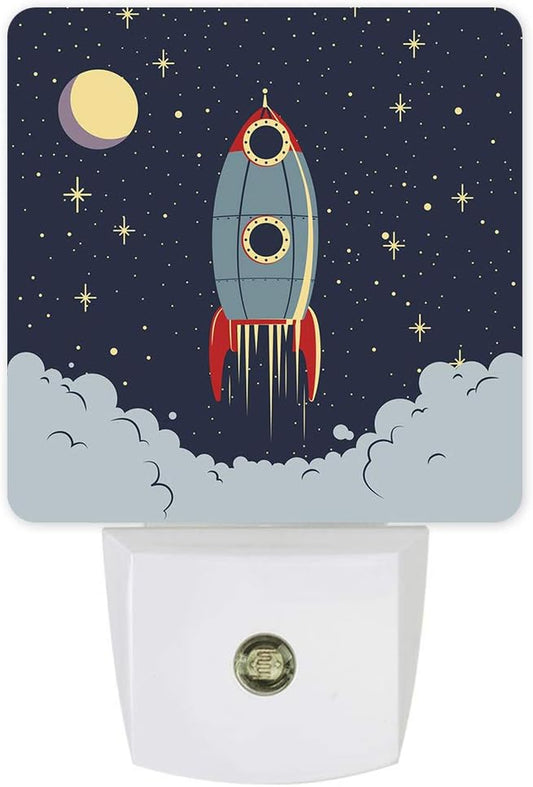 T&H Xhome Plug-In LED Night Light Lamp Sensor-Outer Space Space Exploration Rocket Spaceship Printed,Automatic Dimmable Dusk-To-Dawn Square Shaped Smart Night Lights for Nursery/Bathroom/Bedroom