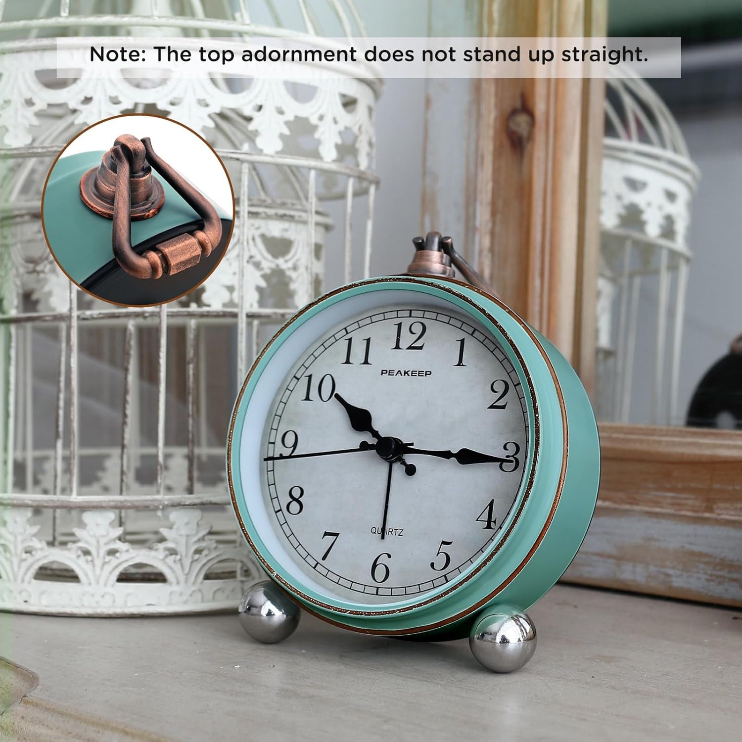 Peakeep 4" Small Battery Operated Antique Retro Analog Alarm Clock for Room Decor, Silent Elegant Bedside Desk Table Gift Clock