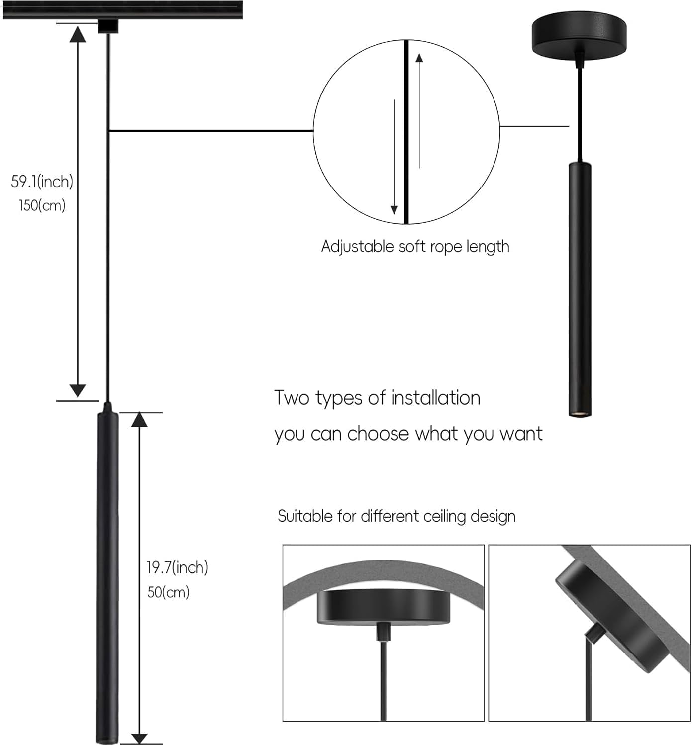 Black Pendant Light 6 3CCT LED Complete Lighting Kit Track or Ceiling Pendant Lighting Fixtures for Kitchen Island, Dining Room, Bedroom, Restaurant, Hotel, Bar