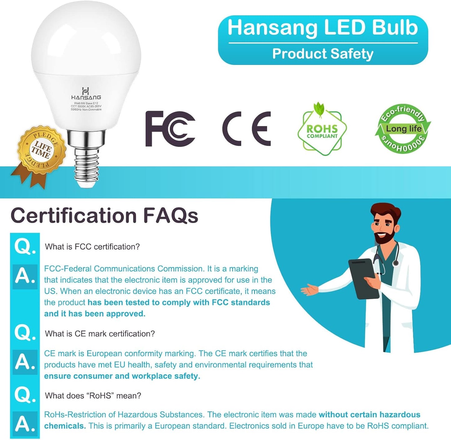 Hansang E12 LED Bulb, Daylight 5000K, 60 Watt Equivalent Ceiling Fan Light Bulbs, E12 Small Base Candelabra LED Light Bulbs, 600 Lumen CRI 85+ Eye Protection, Non-Dimmable 120V (85-265V Range) 6 Pack