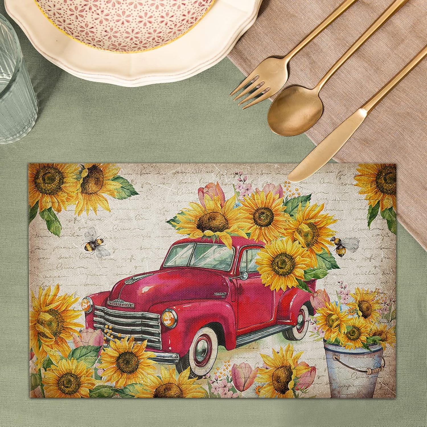 Sunflower Placemats, Red Truck Placemats for Dining Table, Farmhouse Decor Floral Placemats Set of 6, Heat-Resistant Washable Place Mats, Kitchen Table Mats for Party Sunflower Kitchen Decor Placemats