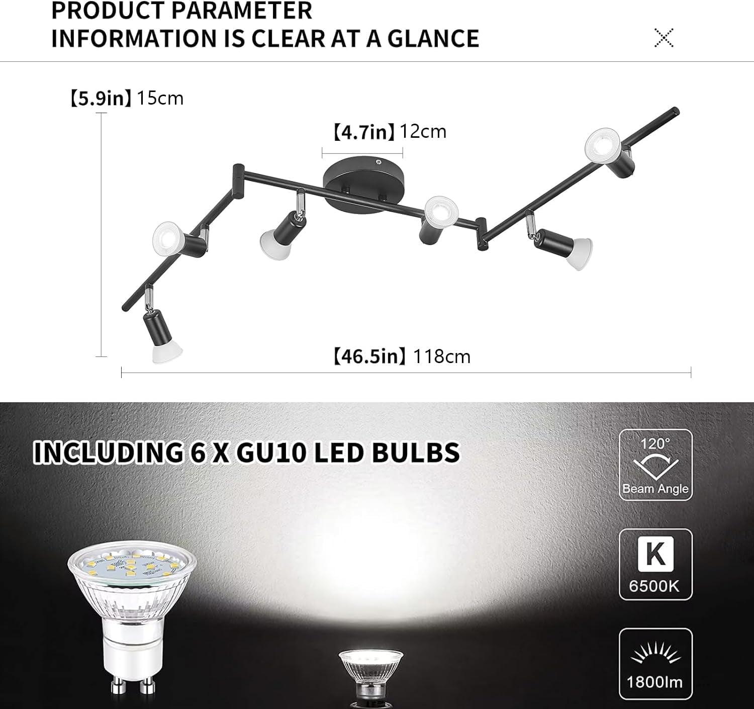 Qcyuui Track Lighting Kit,6-Light LED Ceiling Track Light with Adjustable Light Head, Flush Mount Ceiling Spot Lighting Fixtures for Kitchen,Dining Room,Bedroom,Office(6 X GU10 Bulbs Included)