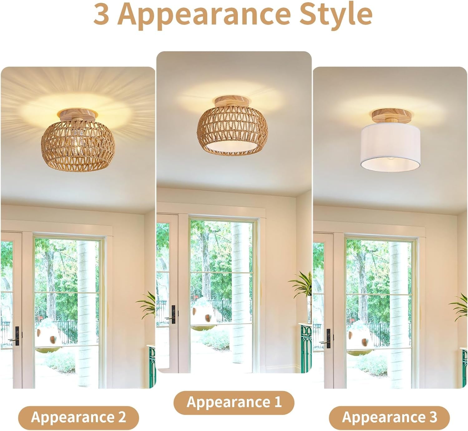 Rattan Ceiling Light Fixture，3 Style Options Boho Flush Mount Ceiling Lights, Hand-Woven Rattan Chandelier,Mini Bohemian Wicker Light Fixtures, Farmhouse Light Fixture for Bedroom Hallway Entryway