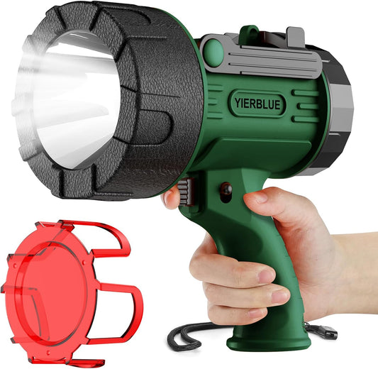 YIERBLUE Rechargeable Spotlight Flashlight, 1000,000 High Lumen LED Spotlight with 20Hrs Ultra-Long Running&10000Mah Power Bank,Ip67Waterproof Spot Lights with Red Lens(Large)