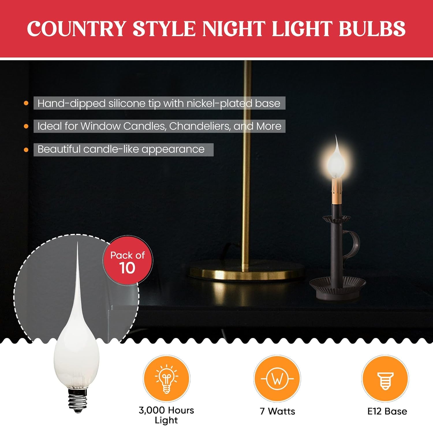 Creative Hobbies® Silicone Dipped, Country Style, Electric Candle Lamp Chandelier Light Bulbs, 7 Watt Incandescent, Individually Boxed, Wholesale Pack of 10 Bulbs