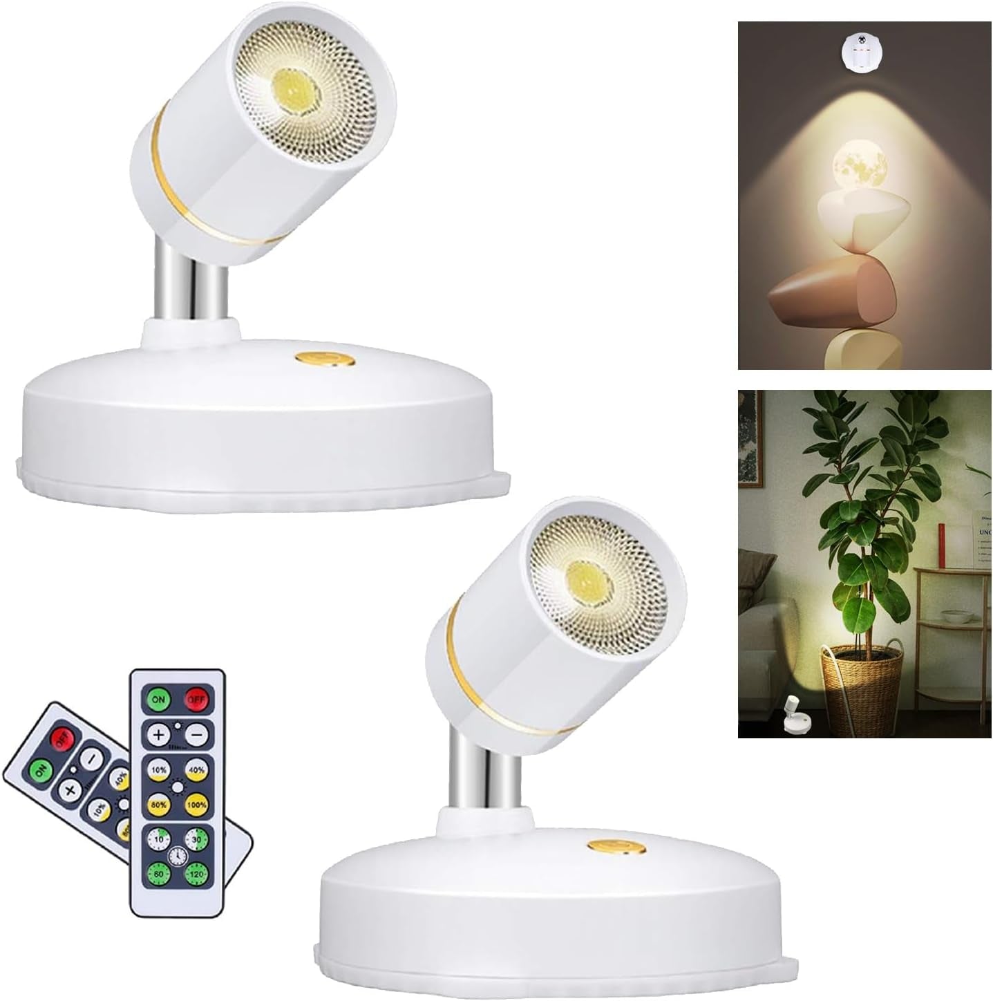 LEASTYLE Spot Lights Battery Operated Picture Lights Mini Accent Lights Indoor Dimmable LED Spotlight with Remote Stick on Anywhere Rotatable Wall Light(2 Pack)