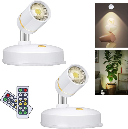 LEASTYLE Spot Lights Battery Operated Picture Lights Mini Accent Lights Indoor Dimmable LED Spotlight with Remote Stick on Anywhere Rotatable Wall Light(2 Pack)