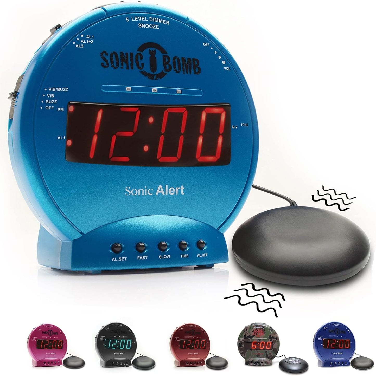 Sonic Bomb Dual Extra Loud Alarm Clock with Bed Shaker, Black | Sonic Alert Vibrating, Heavy Sleepers, Battery Backup | Wake with a Shake