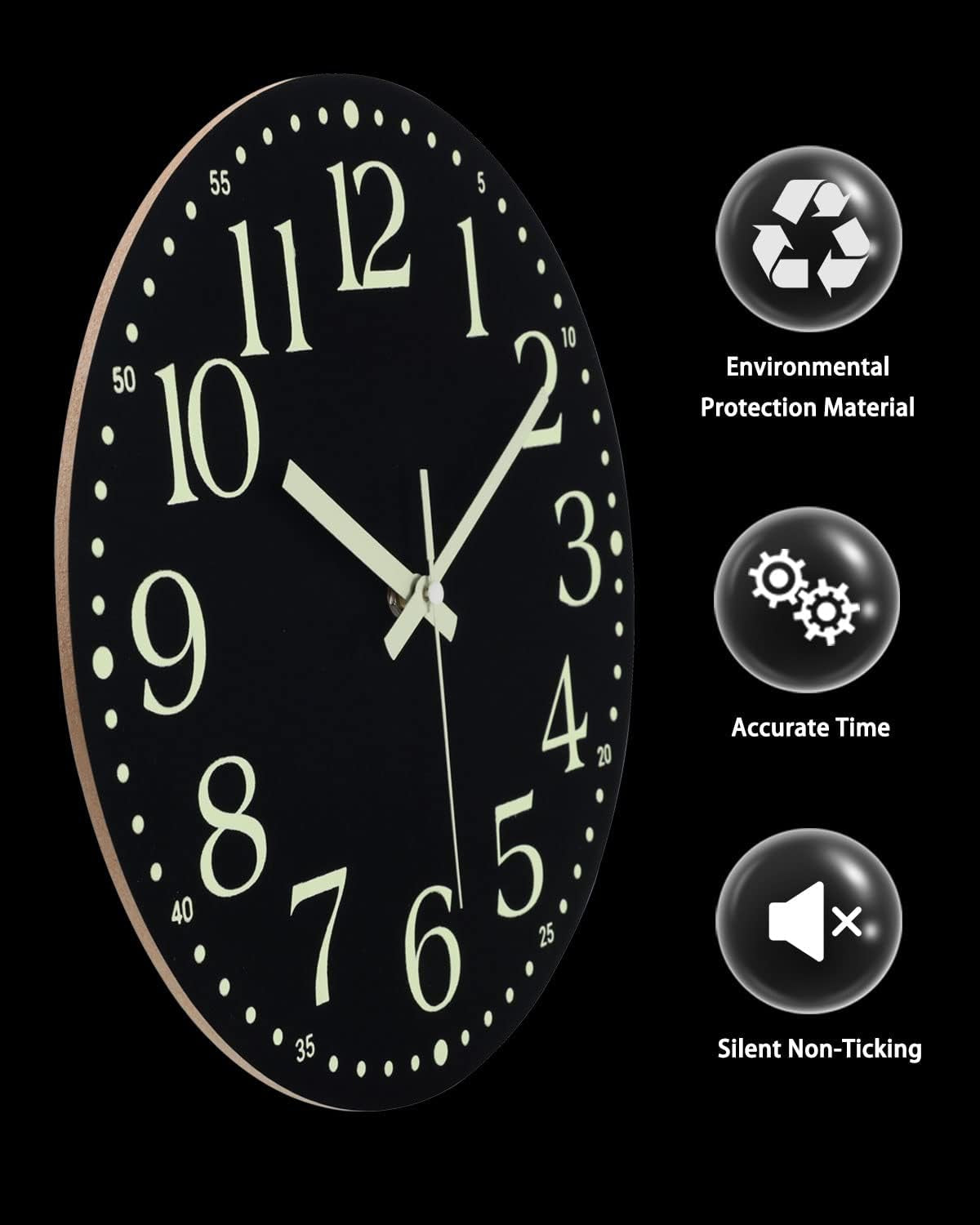 Jofomp Wooden Glow in the Dark Clock, 12 Inch Silent Non-Ticking Battery Operated Clock, Energy-Absorbing Luminous Numerals and Hands, Lighted Wall Clock Decoration