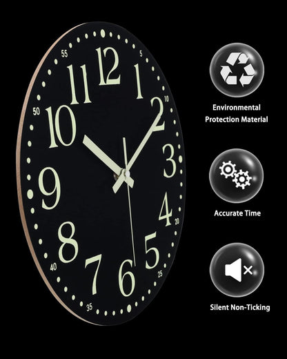 Jofomp Wooden Glow in the Dark Clock, 12 Inch Silent Non-Ticking Battery Operated Clock, Energy-Absorbing Luminous Numerals and Hands, Lighted Wall Clock Decoration