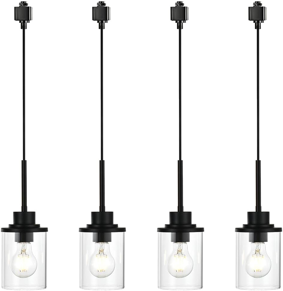 4-Lights H-Type Track Lighting Kitchen Pendant Light Dimmable Black Track Pendant Lighting Fixtures with Clear Glass Shades, Overall Height Approximately 45.8 Inches