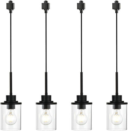 4-Lights H-Type Track Lighting Kitchen Pendant Light Dimmable Black Track Pendant Lighting Fixtures with Clear Glass Shades, Overall Height Approximately 45.8 Inches