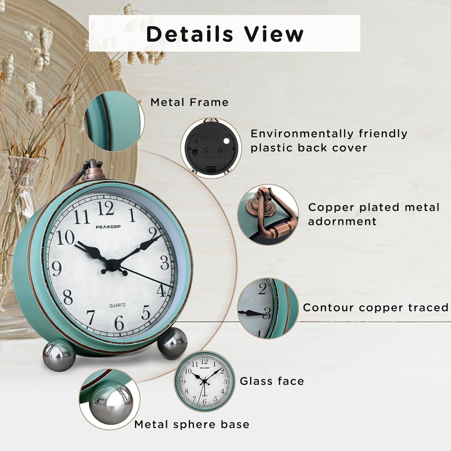 Peakeep 4" Small Battery Operated Antique Retro Analog Alarm Clock for Room Decor, Silent Elegant Bedside Desk Table Gift Clock
