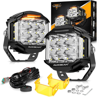 Auxbeam 4 Inch LED Pod Lights, 92W V-MAX Series Square Offroad Driving Lights with Amber DRL, 270° Spot Flood Combo Beam Side Shooter Cube Work Auxiliary Lights with Yellow Cover for Truck SUV ATV UTV