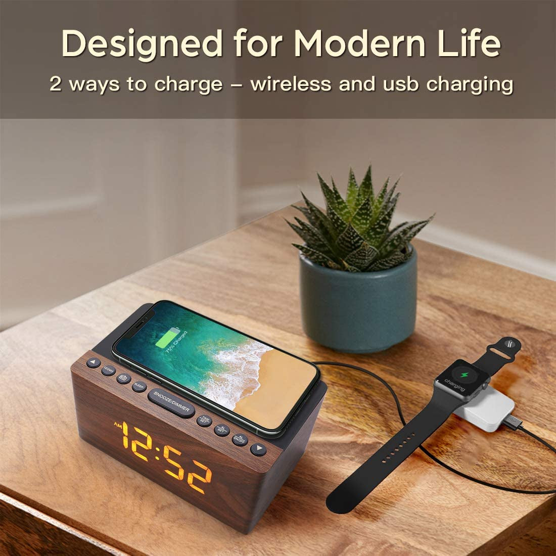 ANJANK Digital LED Alarm Clock FM Radio, Fast Wireless Charger Station for Iphone/Samsung Galaxy, 5 Level Dimmer, USB Charging Port, 2 Sounds, Sleep Timer for Bedroom, Bedside, Desk - Wood