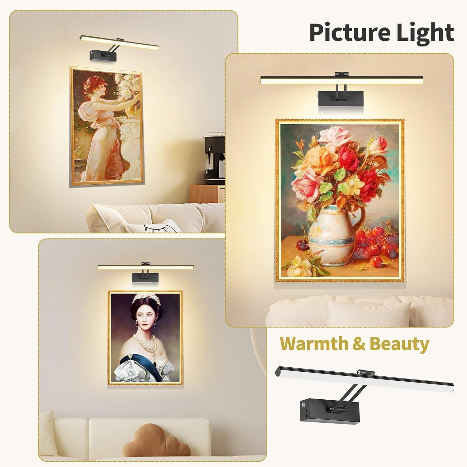 5200Mah Picture Light, Battery Operated Picture Lights for Wall, 16" Remote LED Art Light with Timer for Paintings, Dimmable Metal Painting Light for Display, Gallery (Gold)