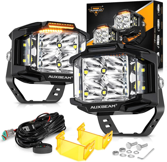 Auxbeam 4 Inch LED Pod Lights, 92W V-MAX Series Square Offroad Driving Lights with Amber DRL, 270° Spot Flood Combo Beam Side Shooter Cube Work Auxiliary Lights with Yellow Cover for Truck SUV ATV UTV