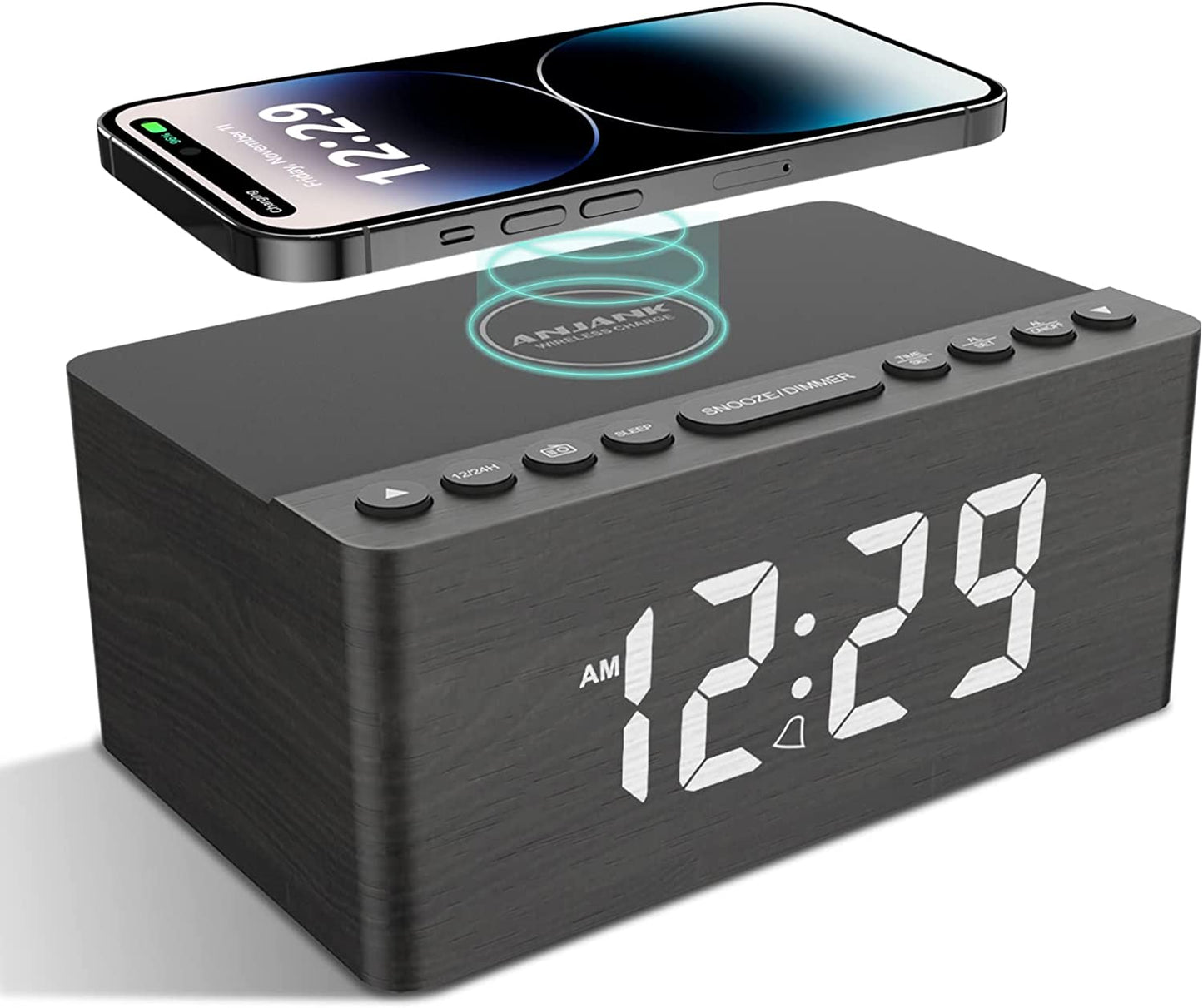 ANJANK Digital LED Alarm Clock FM Radio, Fast Wireless Charger Station for Iphone/Samsung Galaxy, 5 Level Dimmer, USB Charging Port, 2 Sounds, Sleep Timer for Bedroom, Bedside, Desk - Wood
