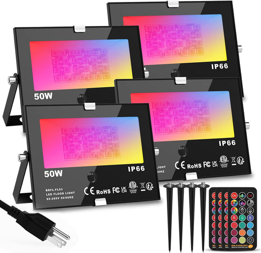 RGB Outdoor LED Flood Light 50W Color Changing Floodlights Spotlights Landscape Lighting Fixture Waterproof Landscaping Spot Light for Yard Garden Driveway Pathway Garden IP66 Waterproof (4 Pack)