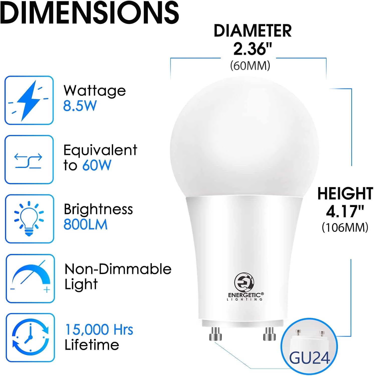 Energetic LED GU24 Light Bulbs, A19 Shape, 60 Watt Equivalent (8.5W), 2700K Soft White, 800 Lumens, Non-Dimmable, 2 Prong Twist and Lock Base, UL Listed, 4 Pack