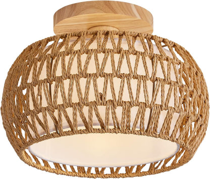 Rattan Ceiling Light Fixture，3 Style Options Boho Flush Mount Ceiling Lights, Hand-Woven Rattan Chandelier,Mini Bohemian Wicker Light Fixtures, Farmhouse Light Fixture for Bedroom Hallway Entryway