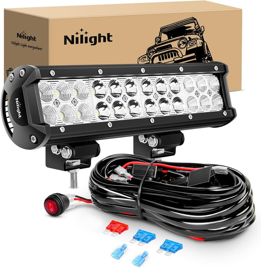 Nilight Led Light Bar 12 Inch 72W Spot Flood Combo off Road Fog Lights Driving LED Pods with off Road 16AWG Wiring Harness Kit - 1 Lead for Truck ATV UTV SUV Boat, 2 Years Warranty