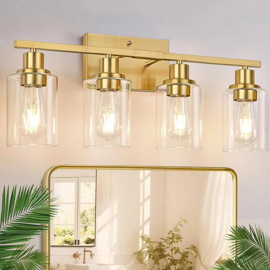4-Light Bathroom Light Fixtures, Bathroom Vanity Lights with Clear Glass Shades, Gold Bathroom Light Fixtures over Mirror, Modern Bathroom Wall Lamp for Mirror Living Room Cabinet Bedroom Porch