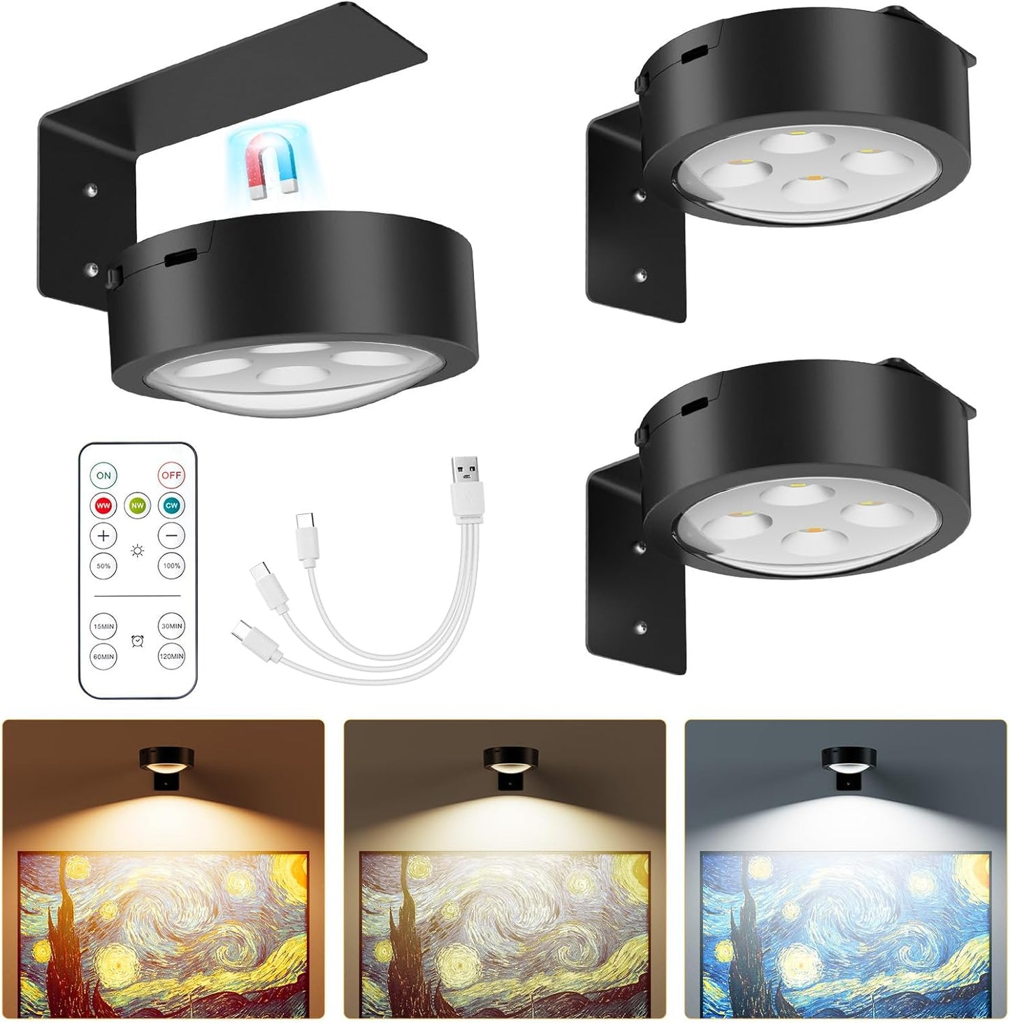 Brightown 2-Pack Picture Lights for Wall,Rechargeable Battery Operated Painting Light Magnetic Art Display Light with Remote, Puck Lights, Dimmable & Timer Art Lighting for Paintings Wireless,Gold