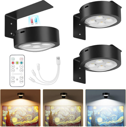 Brightown 2-Pack Picture Lights for Wall,Rechargeable Battery Operated Painting Light Magnetic Art Display Light with Remote, Puck Lights, Dimmable & Timer Art Lighting for Paintings Wireless,Gold