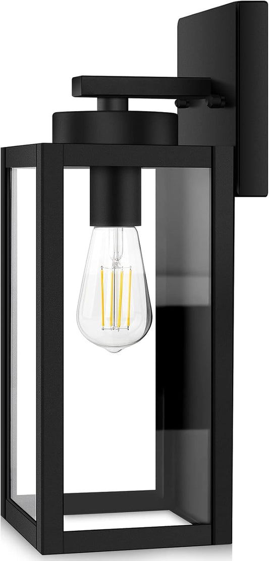 Beslowe Outdoor Wall Mount Light Fixture, Exterior Wall Lantern Waterproof, Black outside Porch Sconce Lighting with Matte Black Finish & Glass Shade for House Garage Doorway Patio, E26 Socket