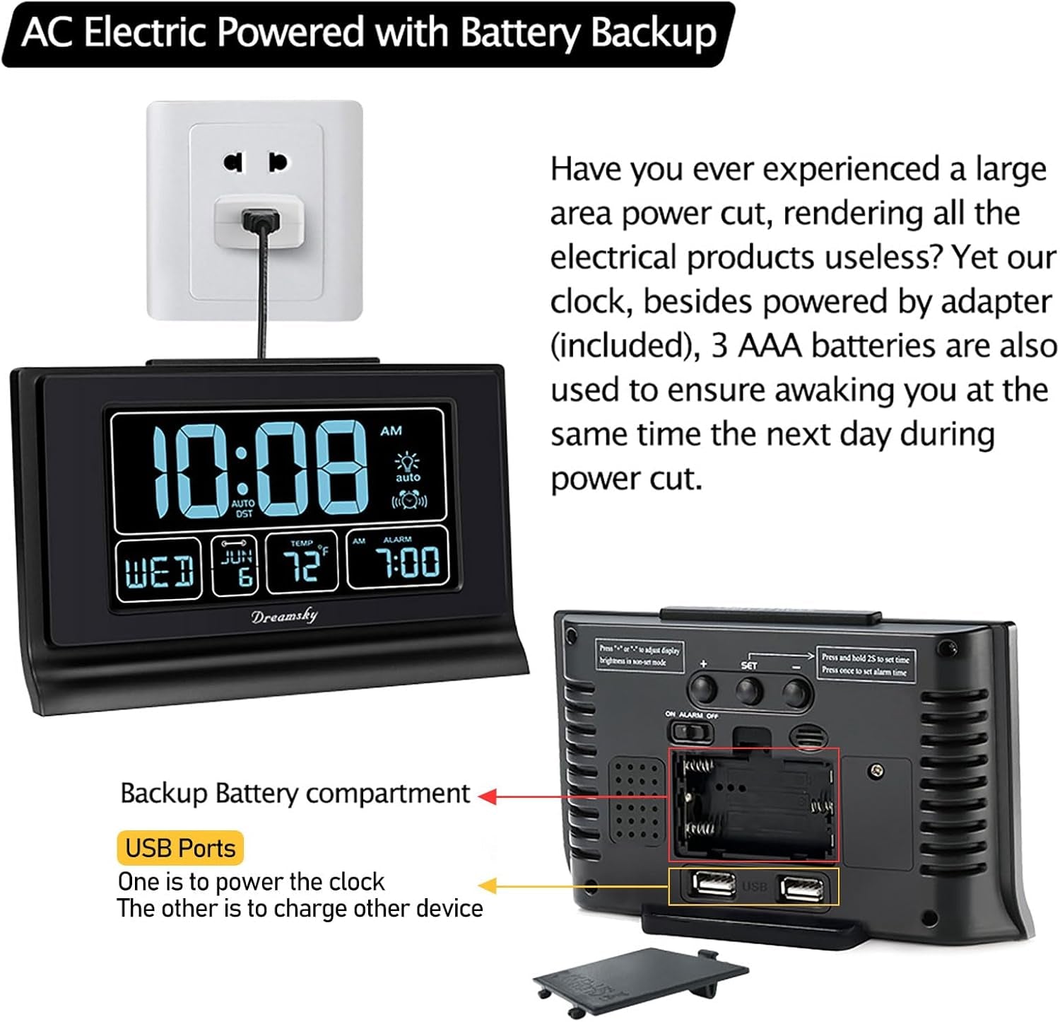 Dreamsky Alarm Clocks for Bedrooms with Battery Backup, Auto Set Digital Clock with Date and Day of Week, Temperature, USB Port, Auto DST, Dimmer, 12/24H