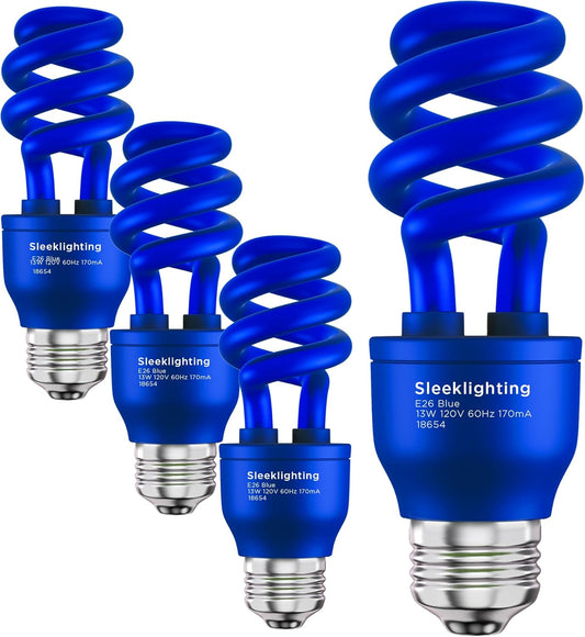 SLEEKLIGHTING 13 Watt Blue Spiral CFL Fluorescent Light Bulb UL Listed - General Purpose Spiral CFL Blue Light Bulbs -120 Volt, E26 Medium Base.(Pack of 4)