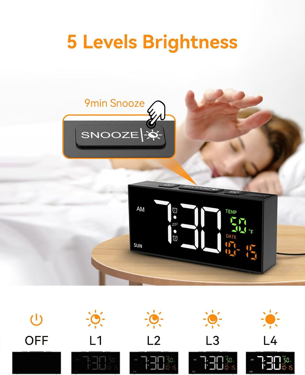 Netzu Alarm Clocks for Bedrooms, Digital Clock with Date Temperature and Weekday, Manual DST, Snooze, 2 Alarms, 4 Volumes for Living Room Home Bedside Desk (Black)