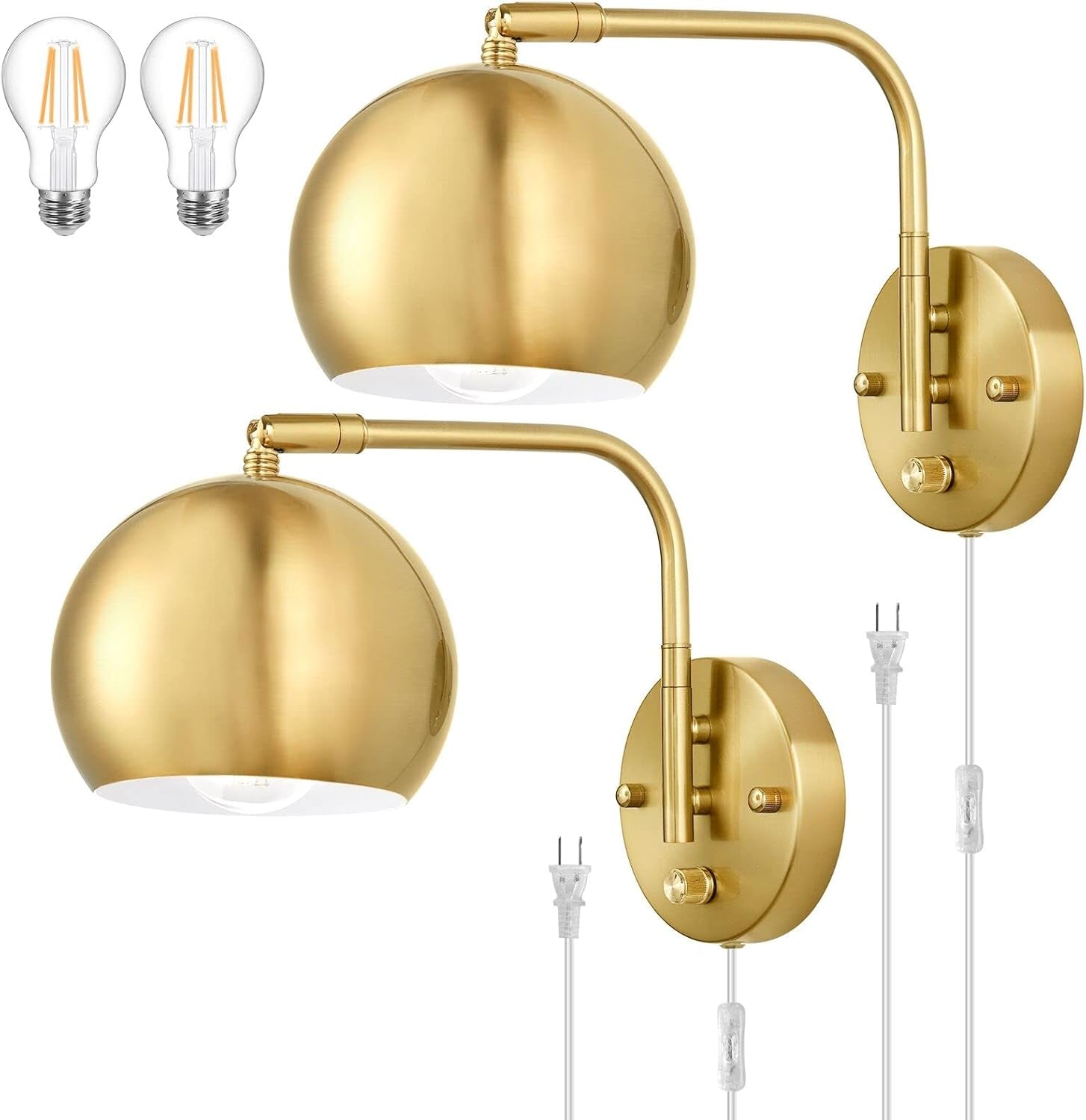 Dimmable Wall Sconces Plug In, Swing Arm Wall Lights with Plug in Cord and Dimmer On/Off Knob Switch, Dimmable Wall Light with Milky White Glass Globe Shade(2 Bulbs Included)