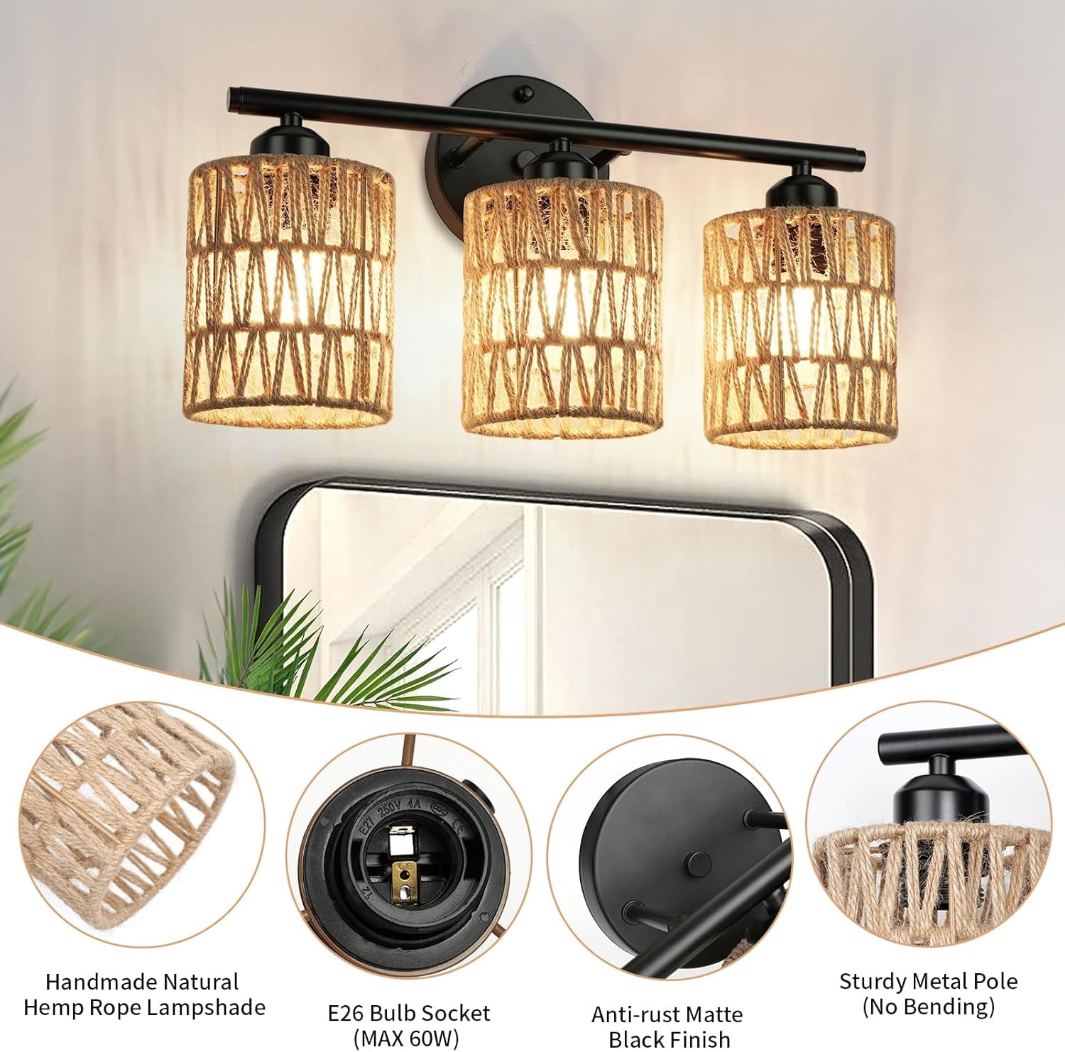 Frideko 3-Light Bathroom Vanity Light Fixtures, Modern Rattan Bathroom Lighting Fixtures over Mirror, Boho Wall Sconces with Woven Lampshade, Black Wall Lamp for Farmhouse Living Room Bedroom