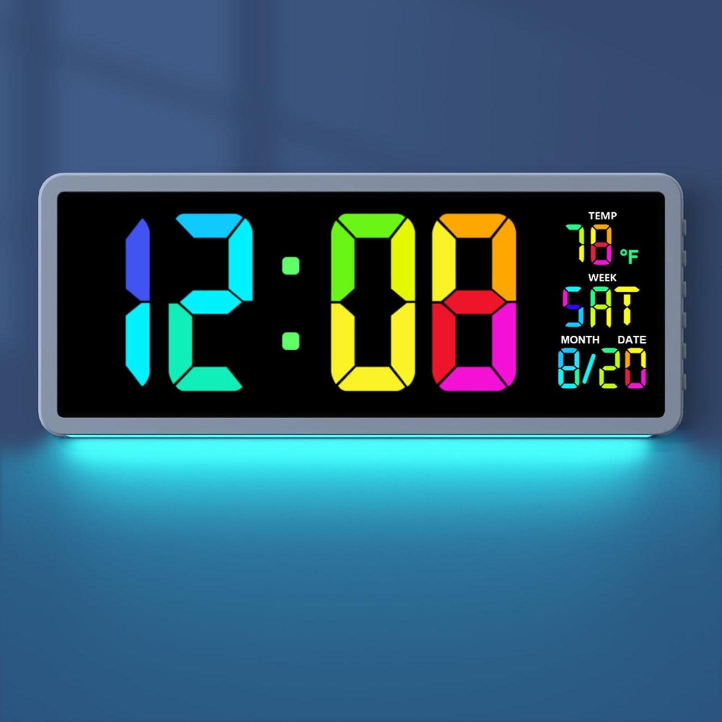 YORTOT 16” Large Digital Wall Clock with Remote Control - Adjustable Dimmer, 7 Color Night Lights, Big LED Clock with Indoor Temperature, Date, Auto DST, 12/24Hour, Wall Mount/Foldable Stand