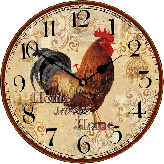 TAHEAT 14 Inch Rustic Rooster Wall Clock Retro Silent Non Ticking Easy to Read Clock, Battery Operated Decorative Wall Clocks for Kitchen/Living Room/Bedroom/Farmhouse Decoration