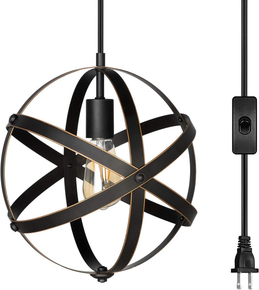 DEWENWILS Plug in Pendant Hanging Light, Industrial Farmhouse Metal Globe Vintage Ceiling Entryway Light Fixture with 15FT Cord and On/Off Switch for Kitchen Island, Bedroom, Dining Hall
