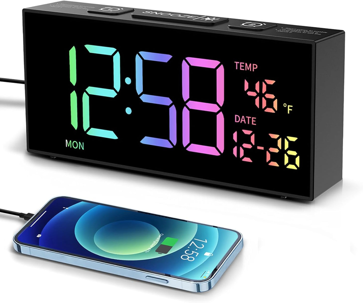 Netzu Alarm Clocks for Bedrooms, Digital Clock with Date Temperature and Weekday, Manual DST, Snooze, 2 Alarms, 4 Volumes for Living Room Home Bedside Desk (Black)