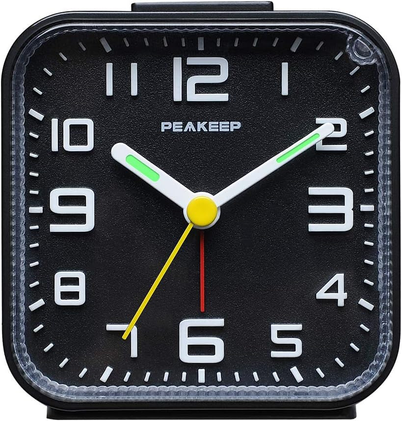 Peakeep Small Battery Operated Analog Travel Alarm Clock Silent No Ticking, Lighted on Demand and Snooze, Beep Sounds, Gentle Wake, Ascending Alarm, Easy Set (Black)