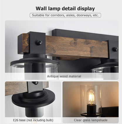 DUJAHMLAND Farmhouse Vanity Light Fixture,3-Light Bathroom Wood Wall Light over Mirror with Clear Glass Shade, Rustic Vintage Wall Sconce Lighting.(Antique Wood, 3-Light)