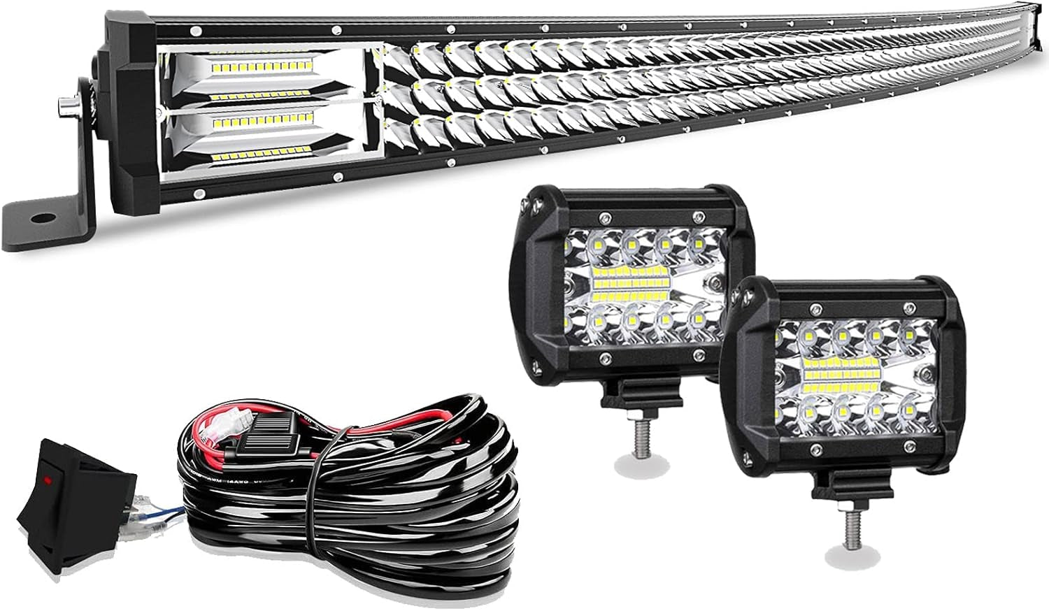 50" LED Light Bar Curved T-Former Triple Row 684W Flood Spot Combo Beam off Road Lights 2Pc 4Inch 60W Spot Driving Fog Lights with Rocker Switch Harness Wiring for Trucks, ATV, UTV, Jeep, Boat, Pickup