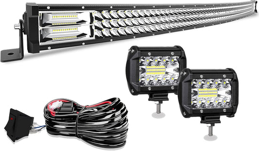 50" LED Light Bar Curved T-Former Triple Row 684W Flood Spot Combo Beam off Road Lights 2Pc 4Inch 60W Spot Driving Fog Lights with Rocker Switch Harness Wiring for Trucks, ATV, UTV, Jeep, Boat, Pickup