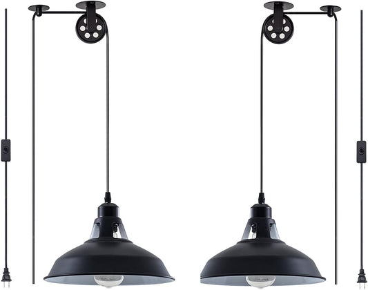 Plug in Pendant Light Industrial Pulley Pendant Lamp E26 Vintage Hanging Light Fixture with 16.4Ft Cord On/Off Switch for Pool Table,Houseplant Grow Lights,Kitchen Island,Sink 2 Pack Black